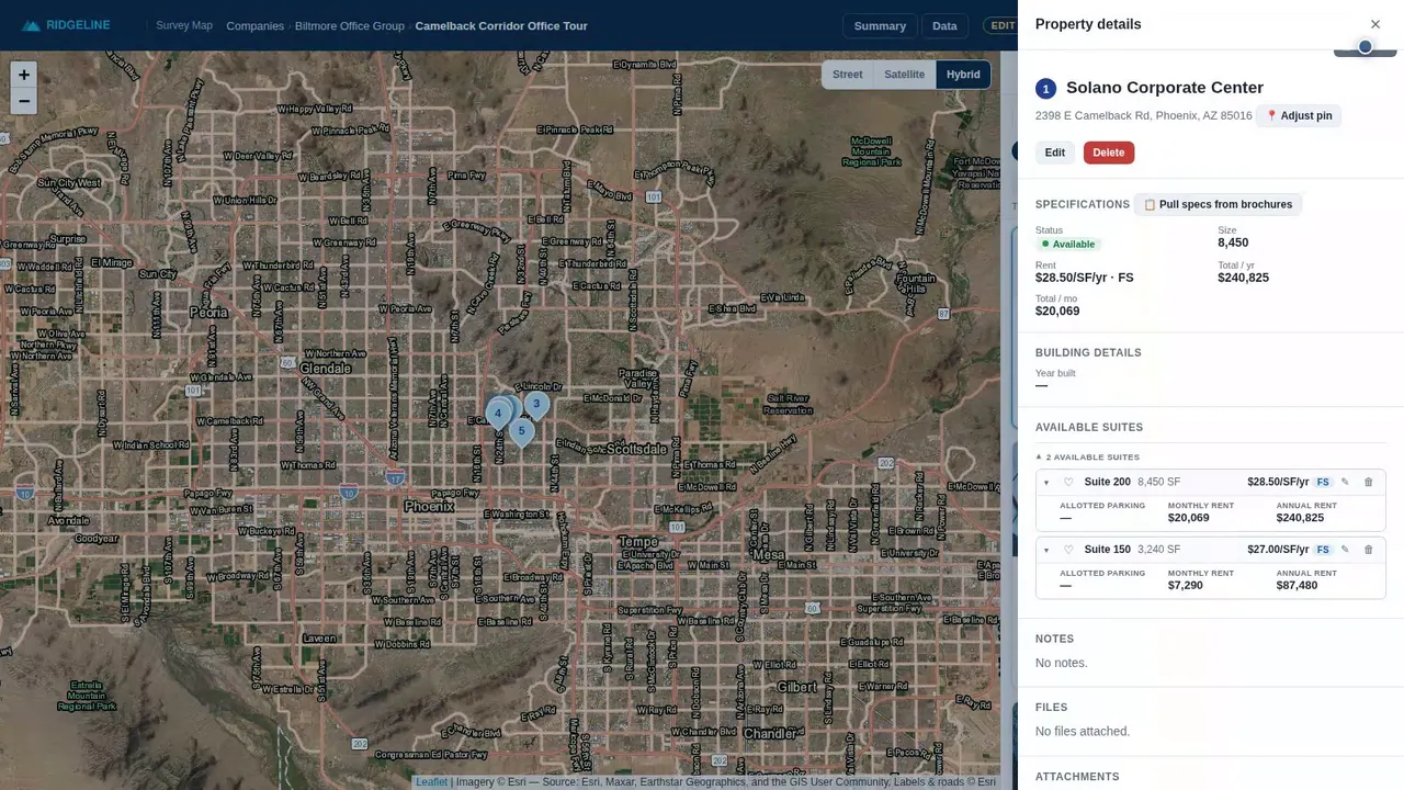 CommercialView survey workspace: interactive map with placed buildings and property cards with photos, suites and rates